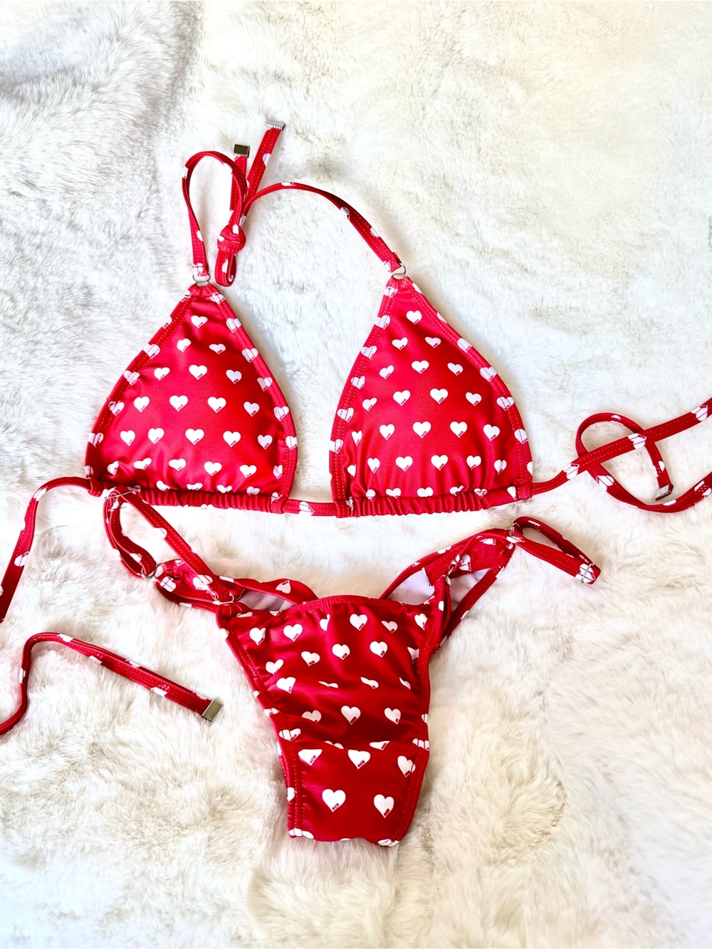 Posing Suit - Red Heart Print Triangle Bikini Top and Bottoms